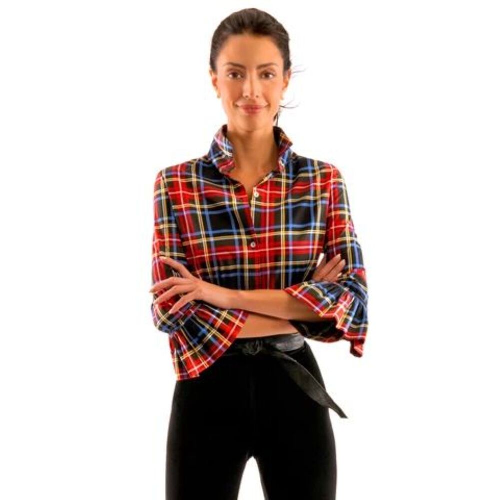 Gretchen Scott Plaid Button Down Shirt Womens L Red Black Holiday Festive Tartan